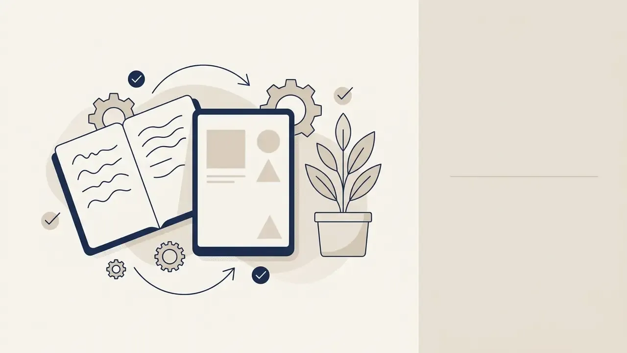 Notebook, tablet, and potted plant surrounded by gears and circular arrows on a beige background