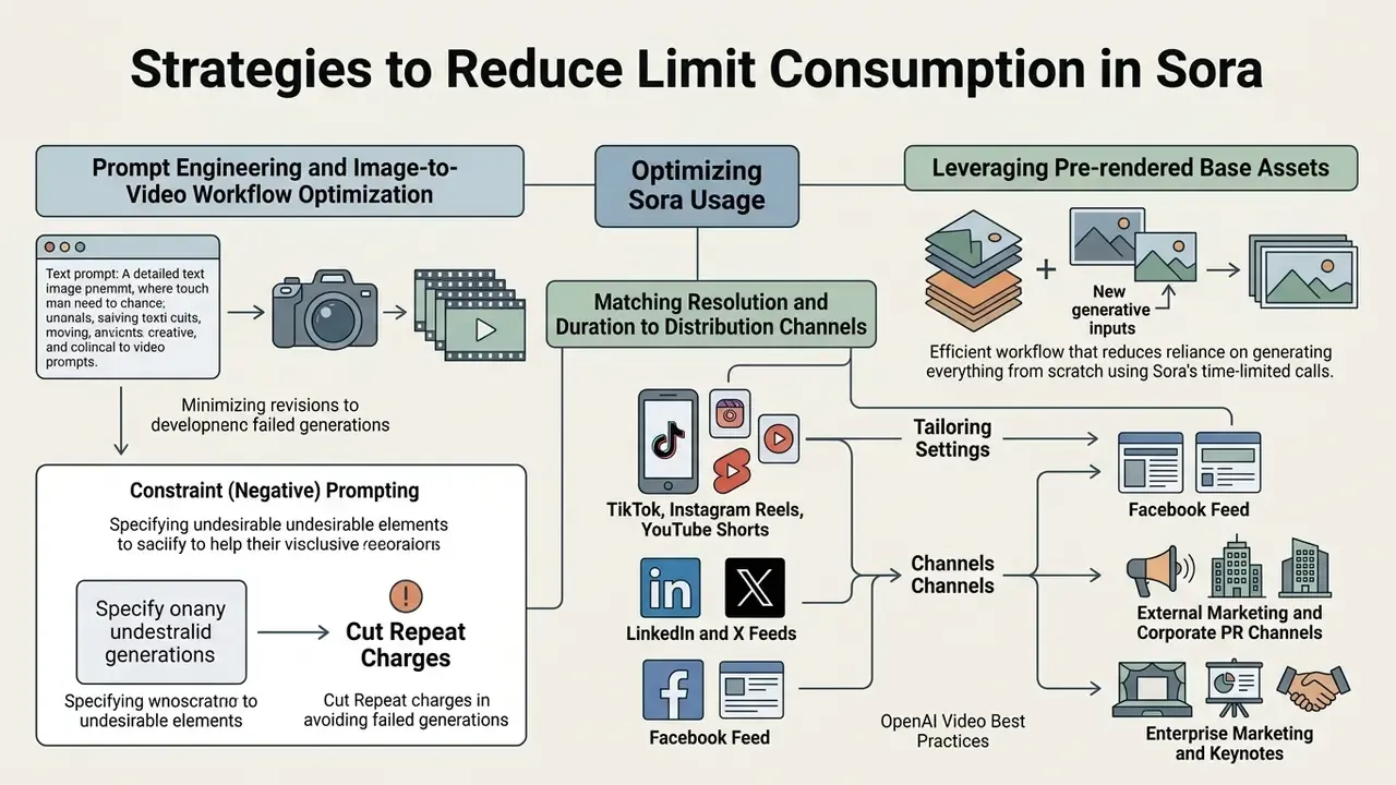 Diagram outlining methods to optimize Sora usage through prompt engineering and channel-specific settings