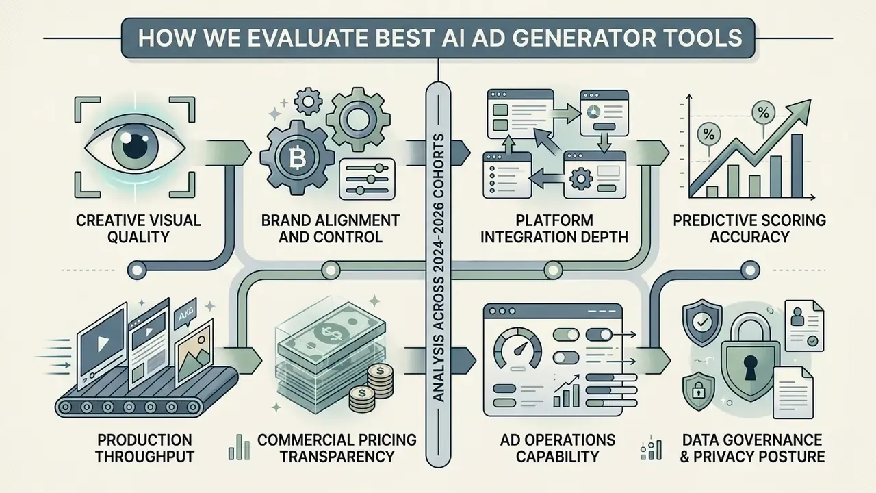Flowchart displaying key criteria for evaluating AI ad generator tools through icons and labels