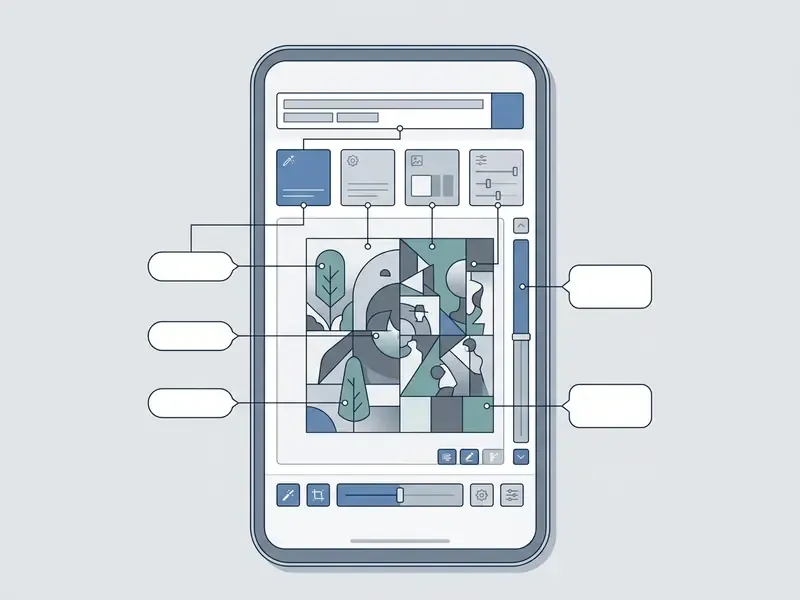 Schematic of an iPhone AI art app interface with lines pointing to various editing tools and controls