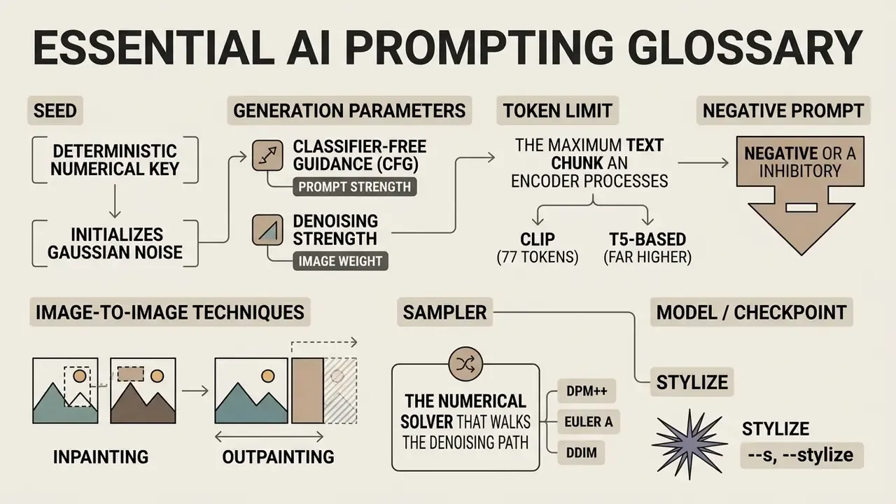 Diagram defining key technical terms and parameters used to write prompts for AI art generation