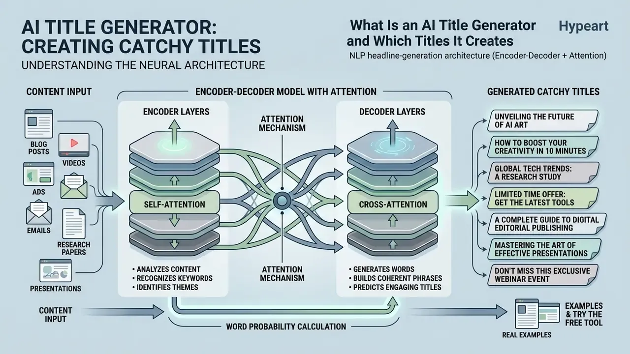 Flowchart showing an encoder-decoder model with an attention mechanism processing content into titles