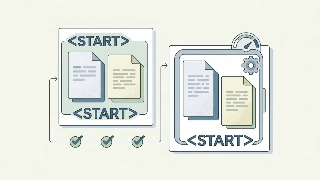 Two document blocks labeled with START tags connected by a process line with three completion checkmarks