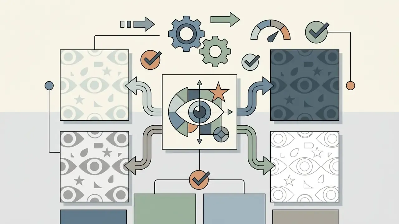 Central eye icon processing pattern variations into four distinct visual themes with gear and checkmark icons