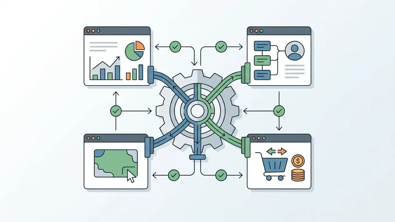 Central gear connecting four software windows showing analytics, user profiles, maps, and payment systems
