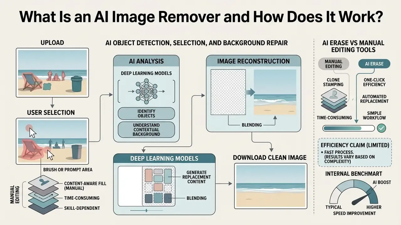 Infographic showing how an AI image remover detects, selects, and replaces objects in a digital photograph