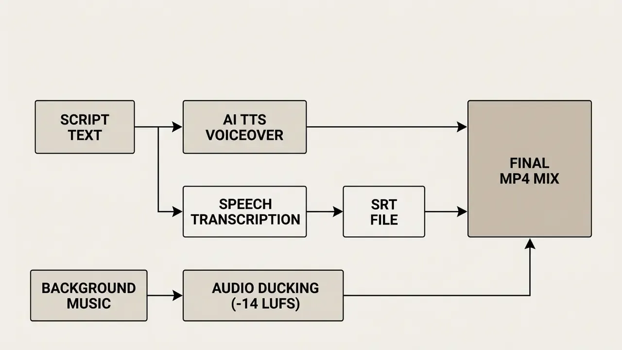 Diagram showing an audio processing pipeline from script text to AI voiceover and final MP4 mix