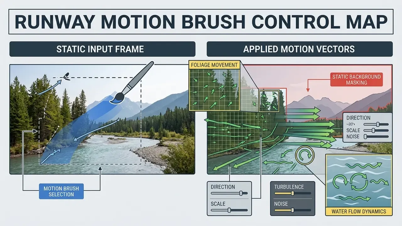 Diagram showing a brush selecting landscape areas to apply motion vectors for foliage and water flow