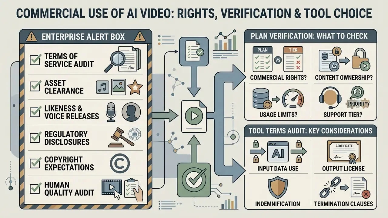 Checklist for commercial AI video production covering legal rights, content ownership, and tool audits