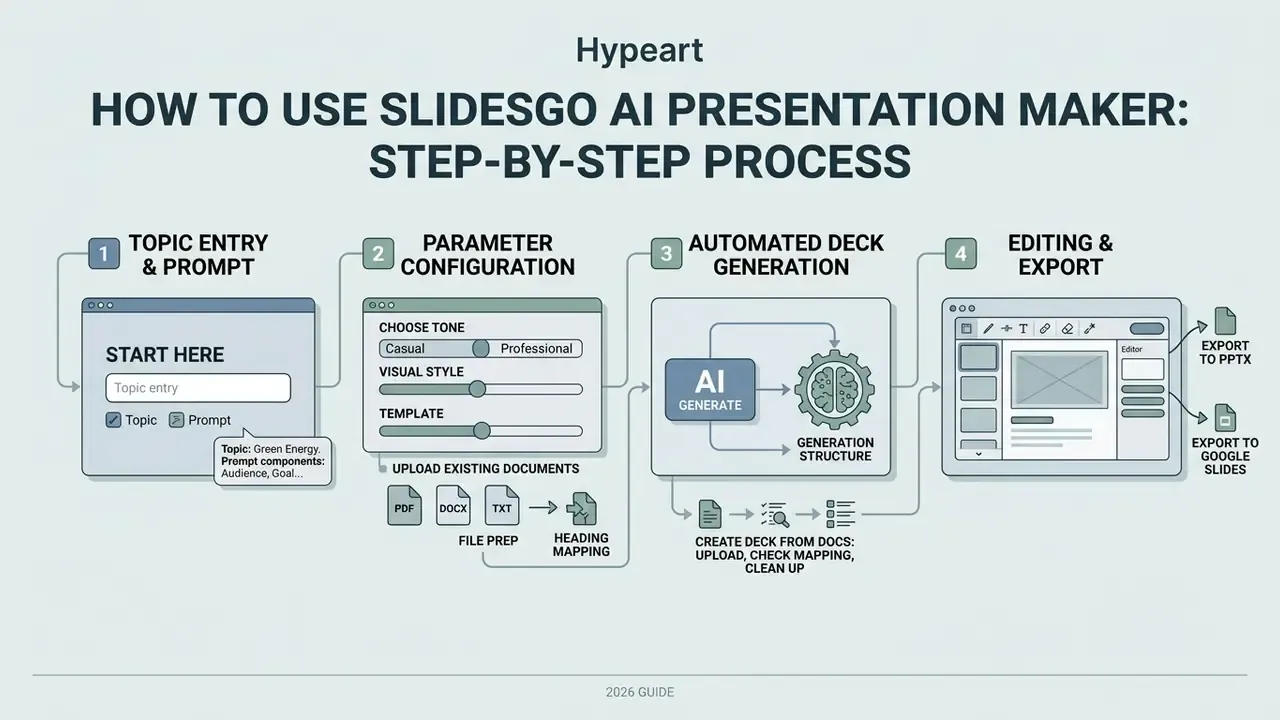 Flowchart outlining the four stages of using the Slidesgo AI tool to create and export presentations