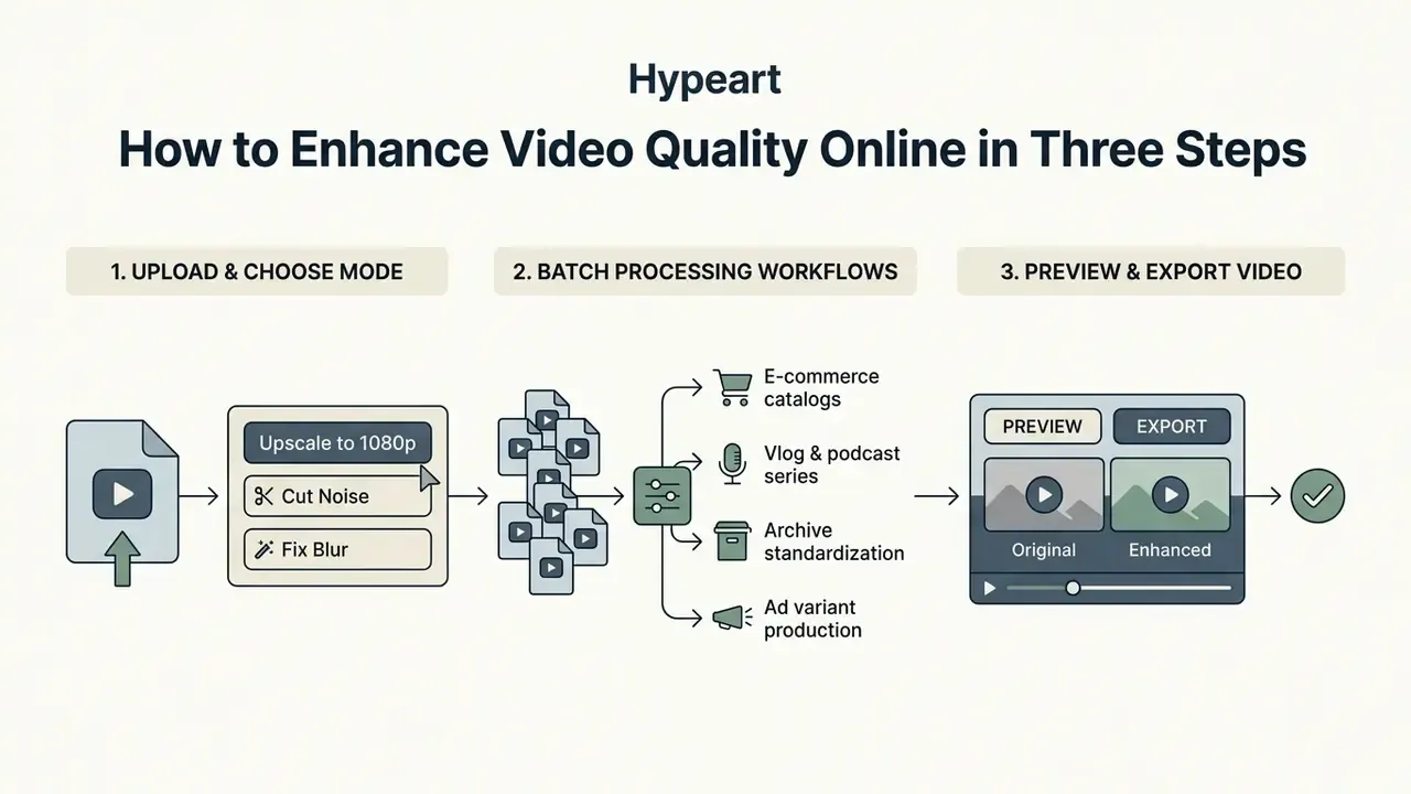 Three-step process flow for using a video quality enhancer 1080p tool from upload to final export