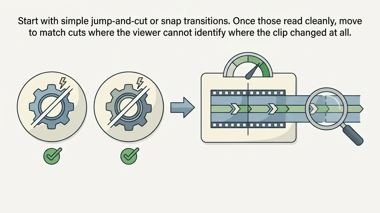Gear icons with checkmarks pointing to a magnifying glass inspecting a seamless video clip transition