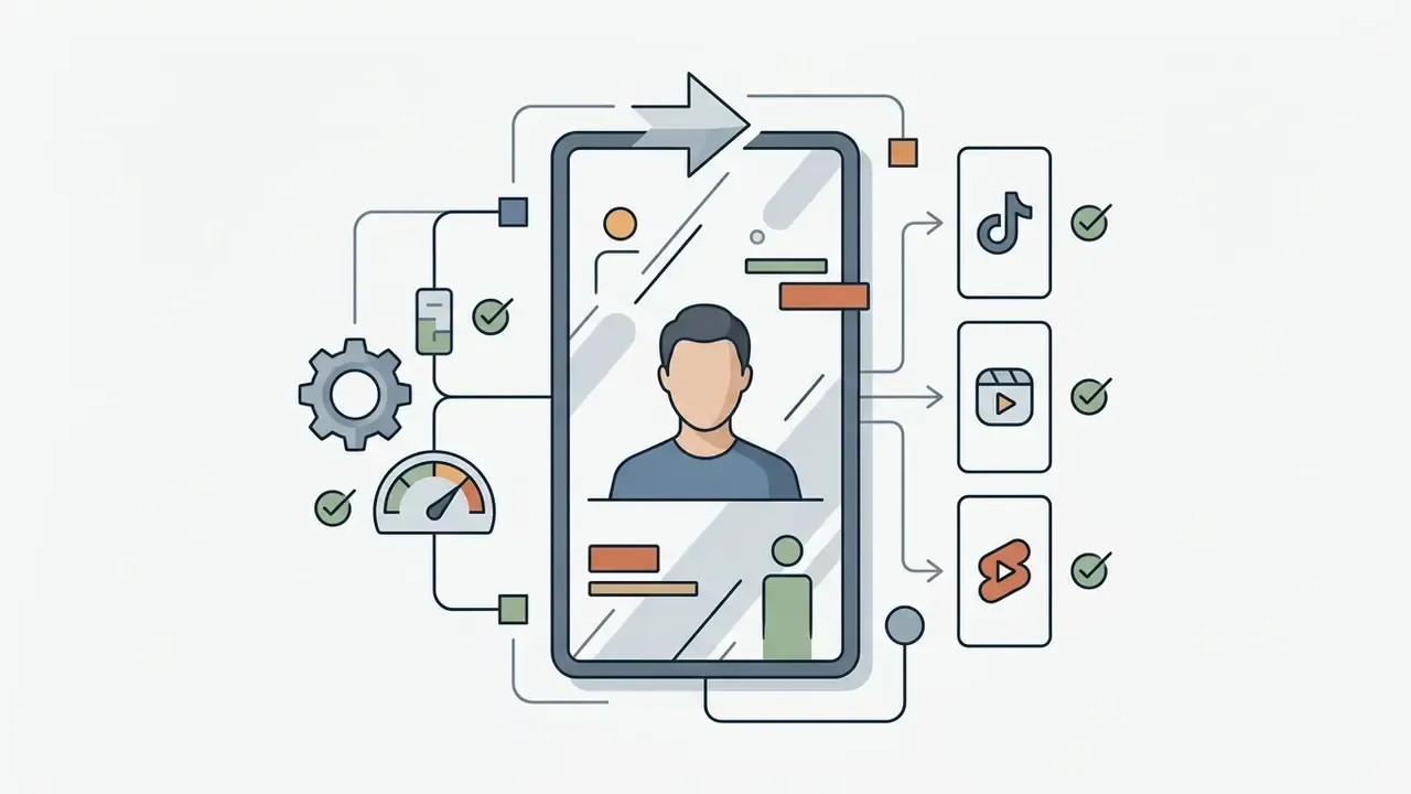 Smartphone screen showing a portrait video being processed and exported to social media platforms