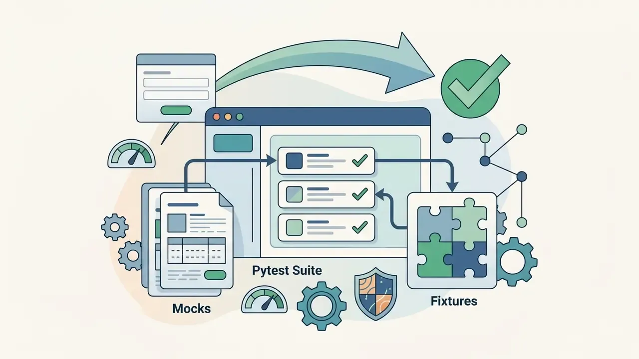 Central window showing Pytest suite tasks connected to mock documents and puzzle pieces for fixtures