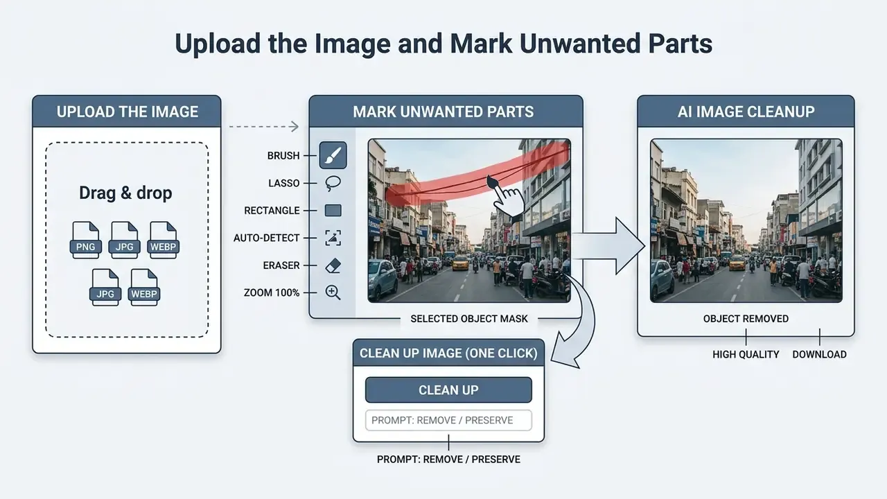Interface showing a brush tool highlighting street cables for removal in an ai image cleanup process