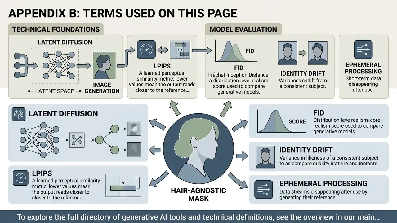 Technical glossary defining latent diffusion, LPIPS, FID, identity drift, and ephemeral processing concepts