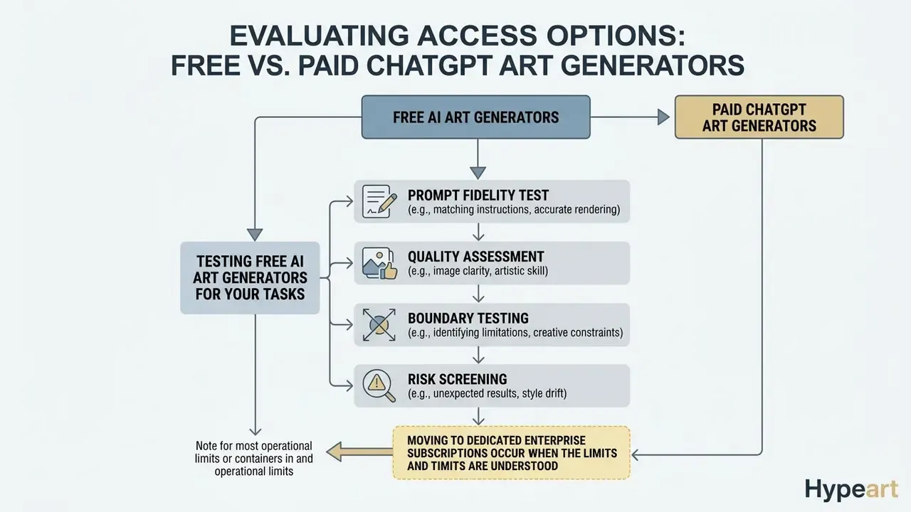 Flowchart showing evaluation steps for free AI tools including fidelity, quality, and risk testing