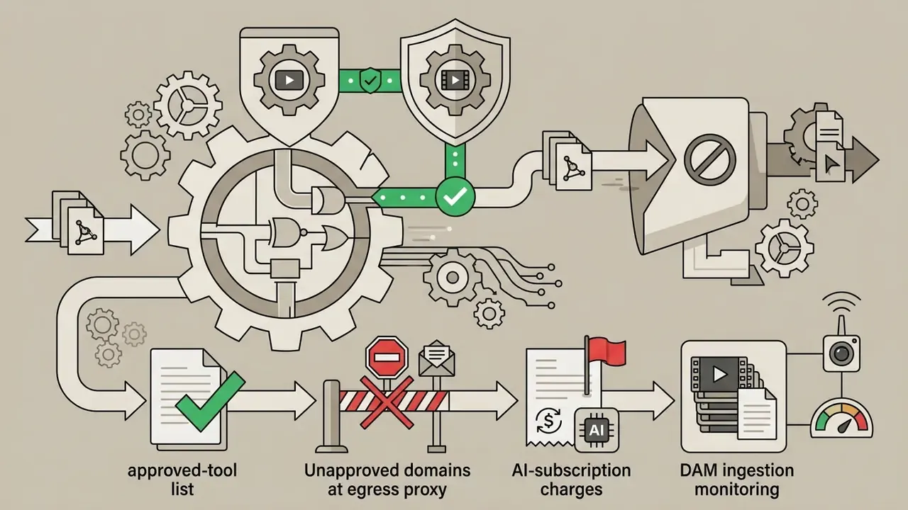 Visual representation of risk management controls for preventing shadow AI usage in video production