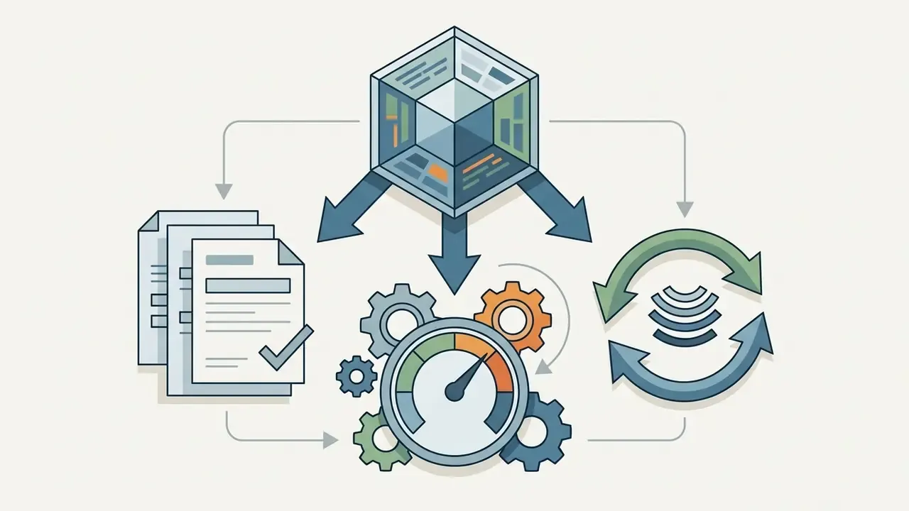 Central cube icon connecting documents, gear-driven speed gauges, and circular audio processing arrows