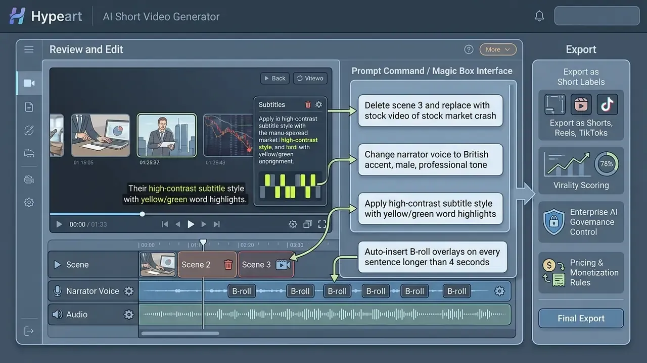 Interface showing text prompts used to edit video scenes, subtitles, and audio tracks in a timeline