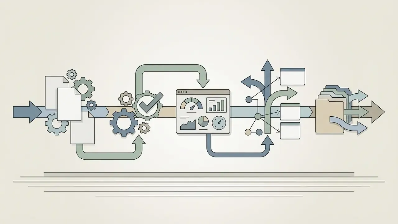 Documents and mechanical parts moving through a central dashboard to reach a series of organized files