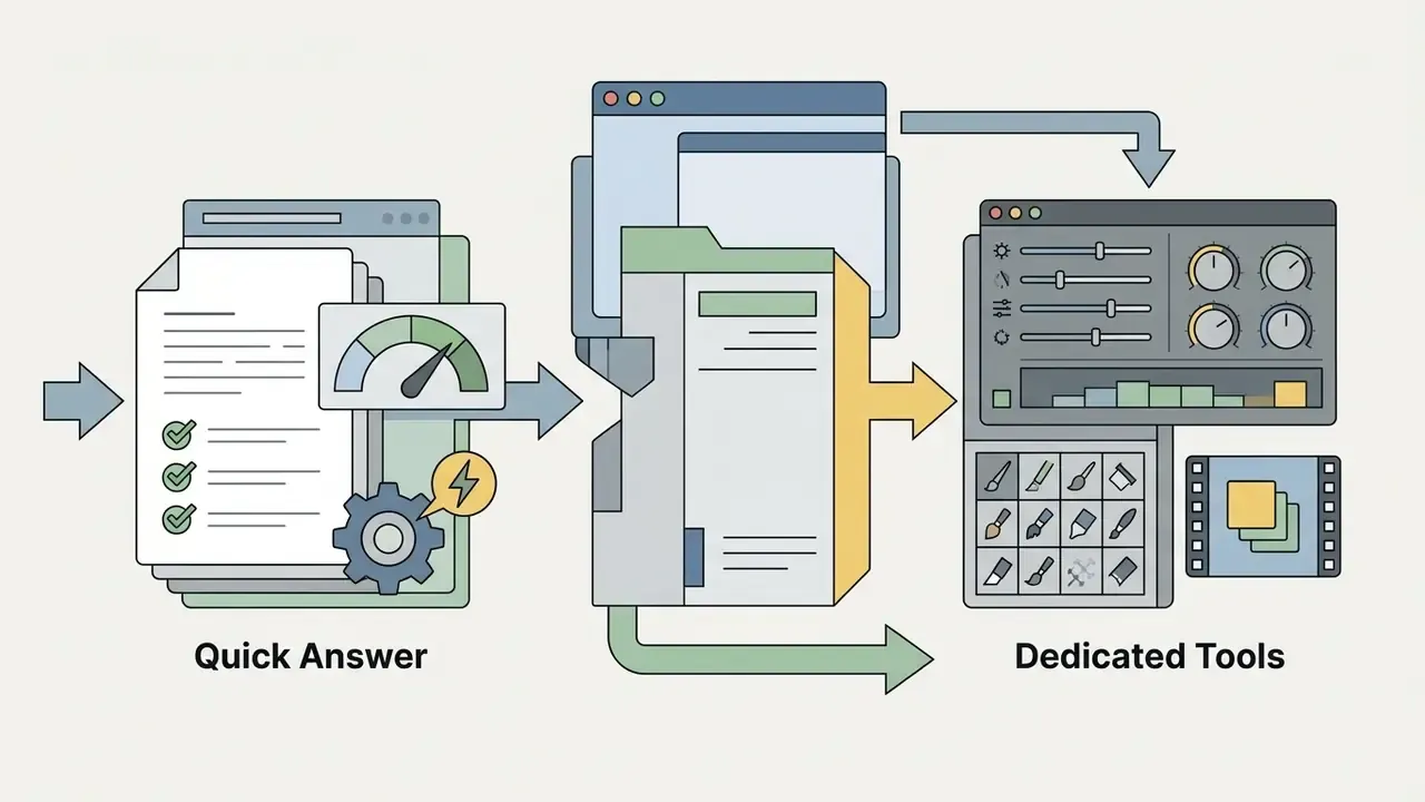 Process showing a transition from fast Perplexity AI generation to advanced dedicated editing tools