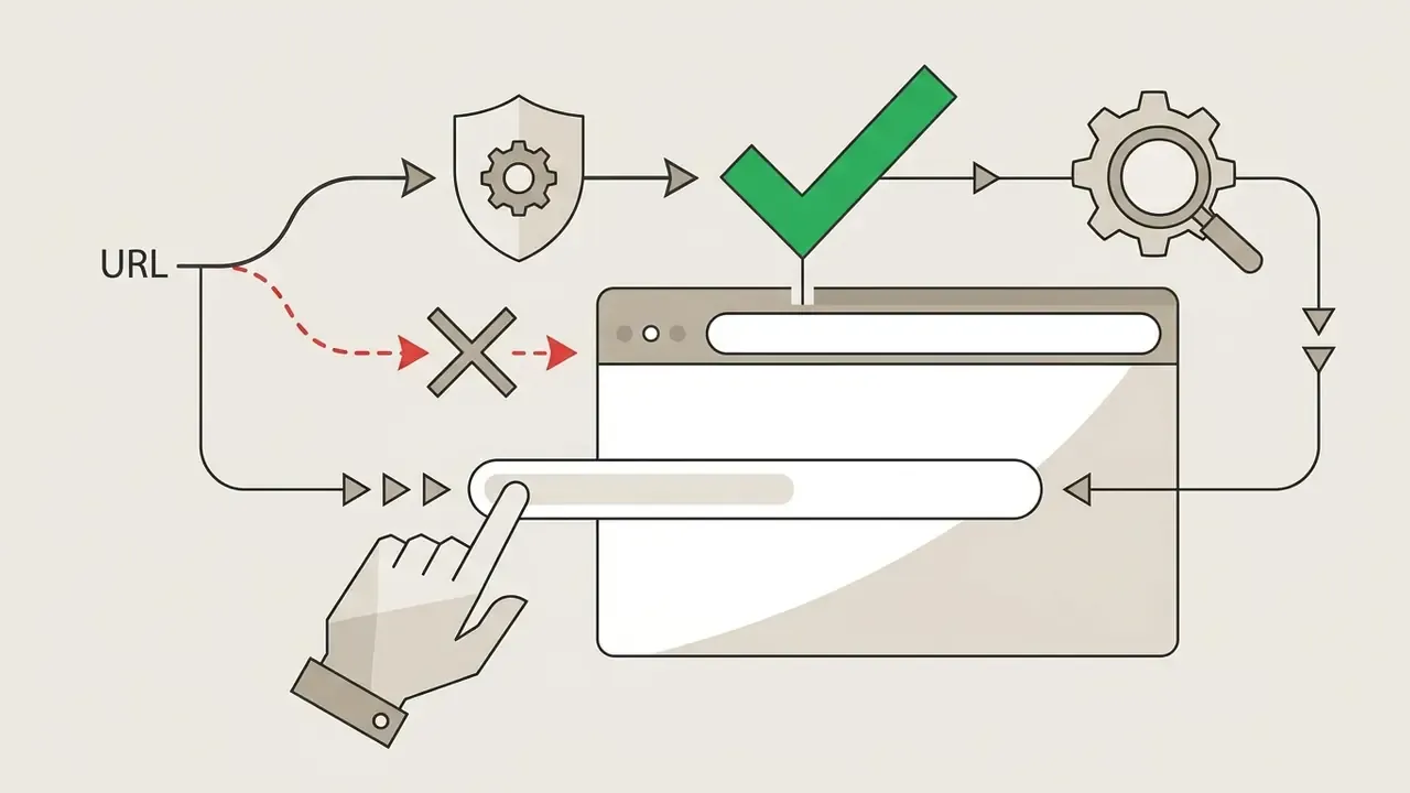 Diagram showing a hand entering a URL into a browser address bar after verifying site security