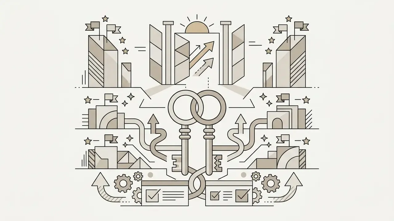 Interlocking keys connecting to stylized buildings, upward arrows, gears, and documents with checkmarks