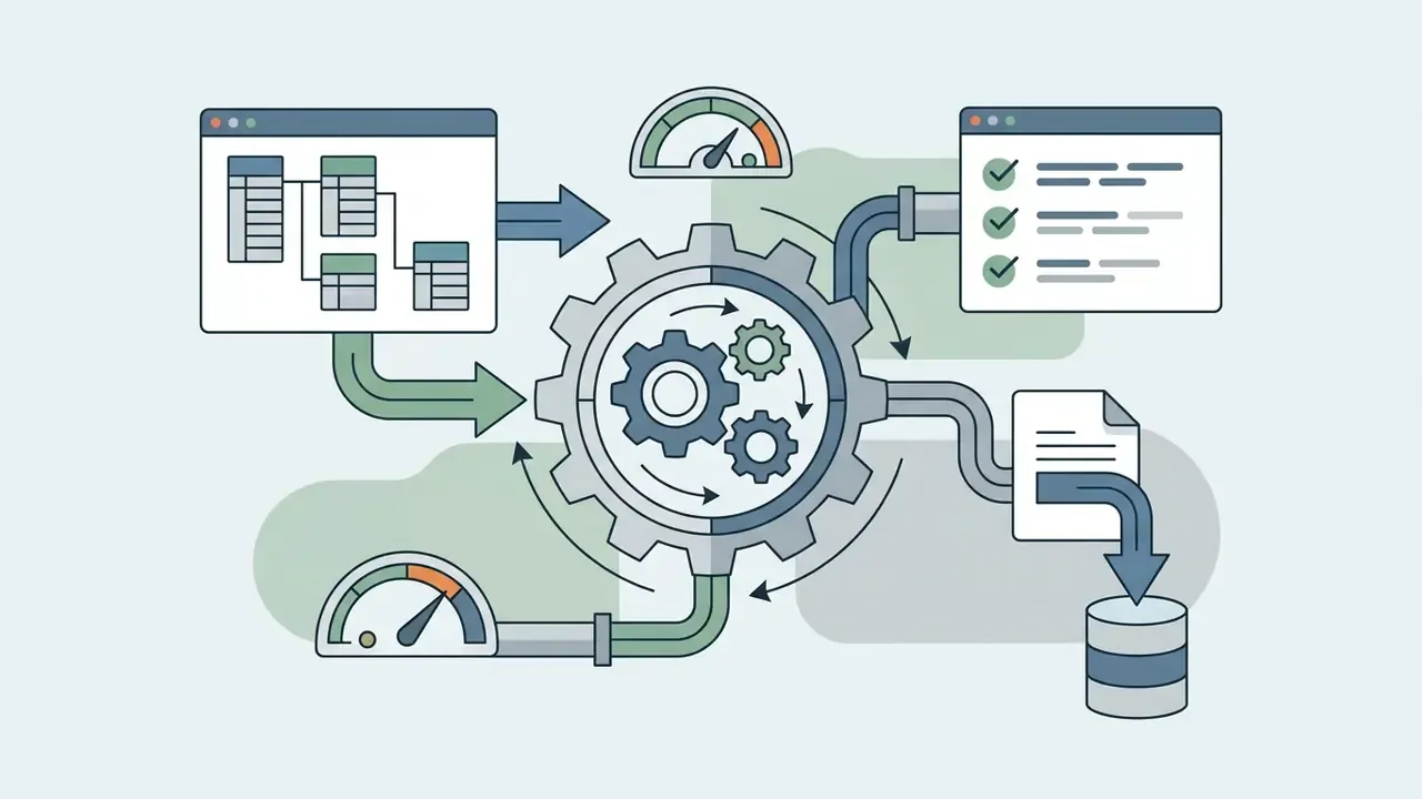 Central gear mechanism processing database schemas and scripts into structured data storage