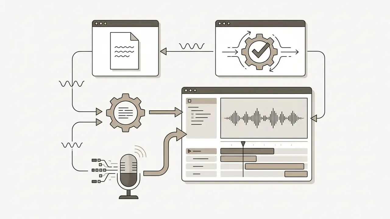 Workflow showing text input and microphone audio being processed into a video editing timeline