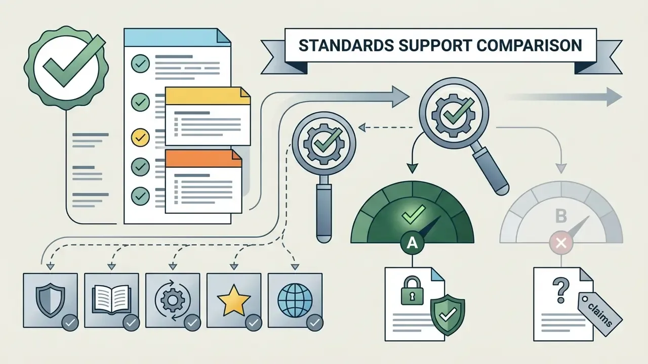 Checklist and magnifying glass icons comparing verified standards alignment against unverified claims