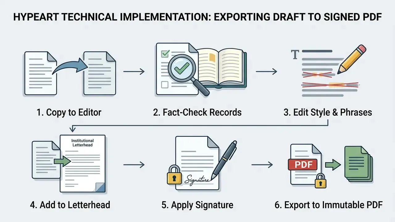 Six step process diagram showing how to edit, verify, and finalize a document into a signed PDF file