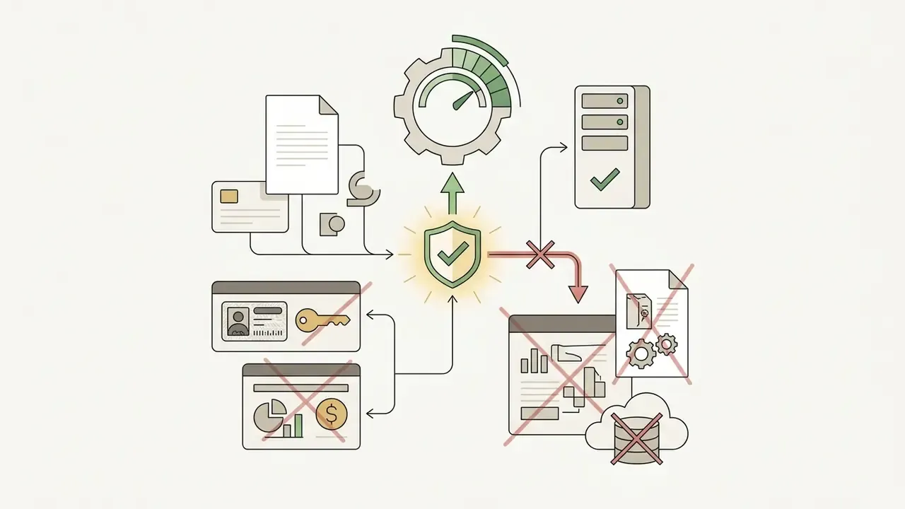 Central shield icon directing sensitive documents to secure servers while blocking public cloud uploads