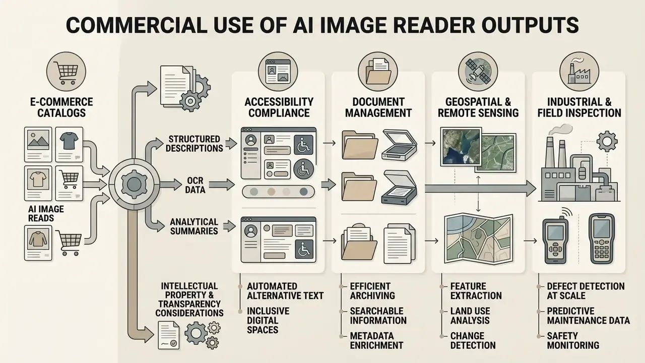 Infographic mapping automated visual data processing to commercial applications and regulatory compliance
