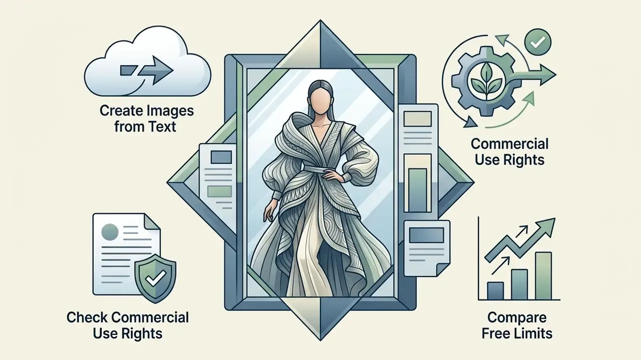 Fashionable woman in a mirror frame surrounded by icons for text generation and commercial use rights