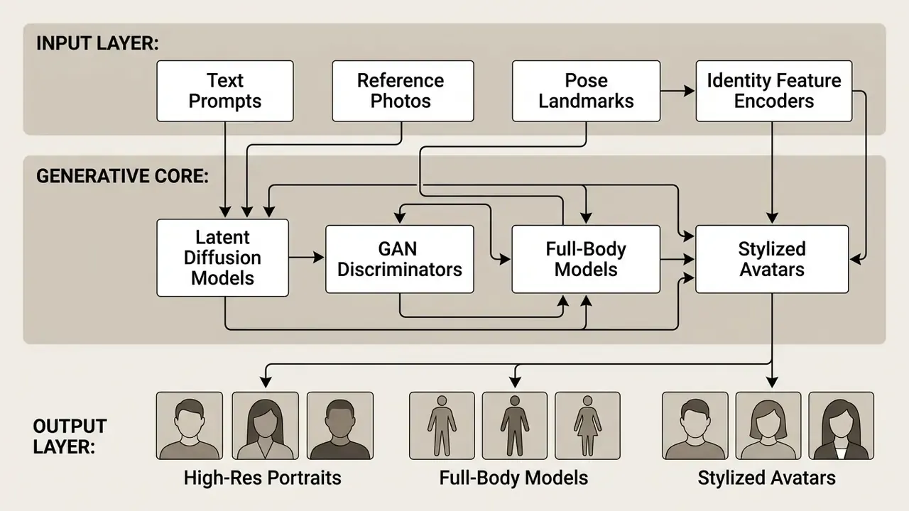 Flowchart showing the architecture of an AI human generator from input layers to processed output results
