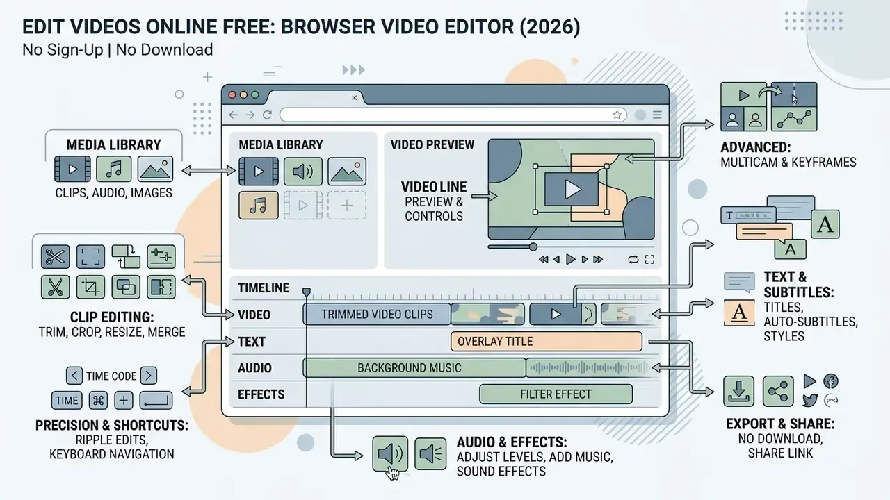 Browser interface diagram showing core video editing tools to trim, crop, and manage media tracks