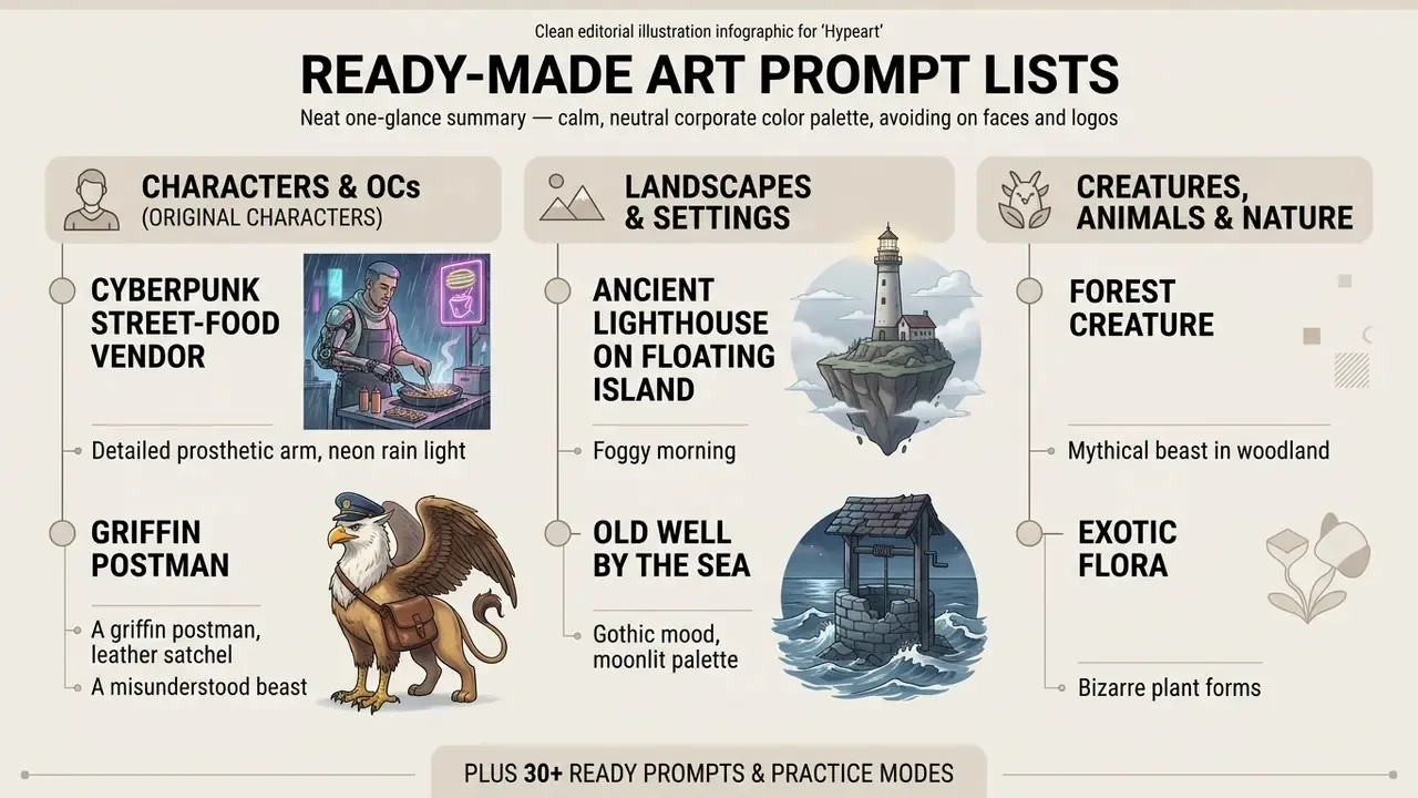Categorized list of creative prompts featuring characters, landscapes, and nature with example illustrations