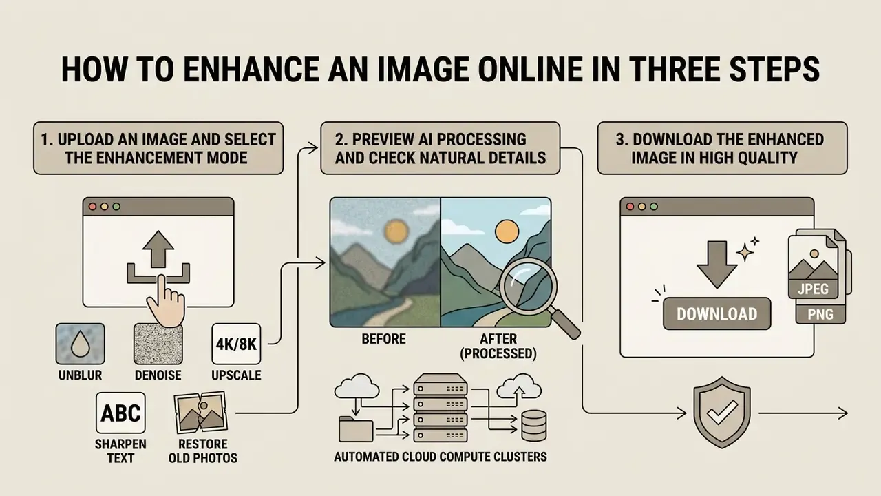 Three-step workflow showing file upload, AI processing preview, and final download of processed images
