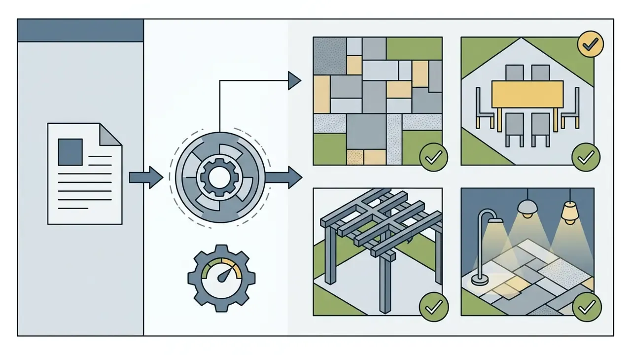 Document feeding into an AI landscape generator to produce patio designs with pavers and lighting