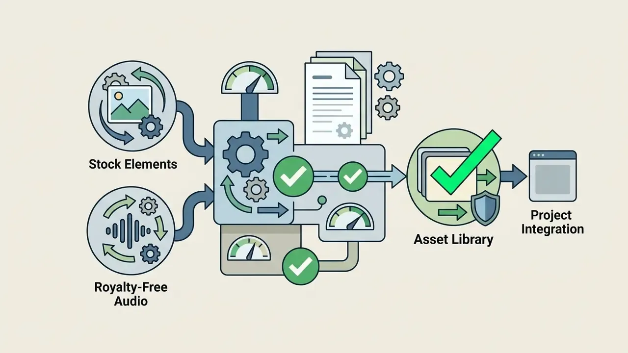 System processing stock elements and audio into a verified asset library for project integration