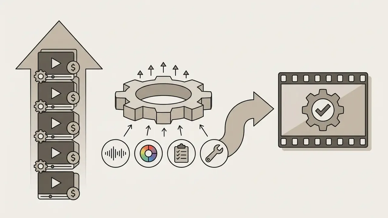 Stacked video clips feeding into a central gear mechanism that outputs a finished film strip with a checkmark