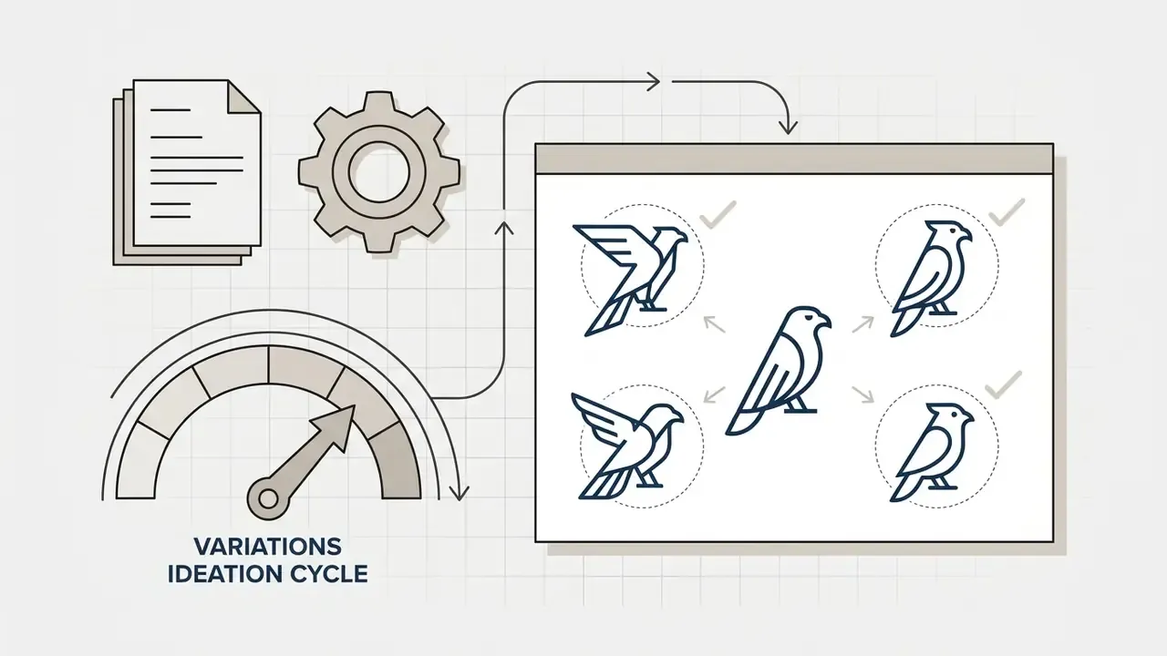 Documents and gears connecting to a gauge that feeds into a screen showing falcon logo design variations
