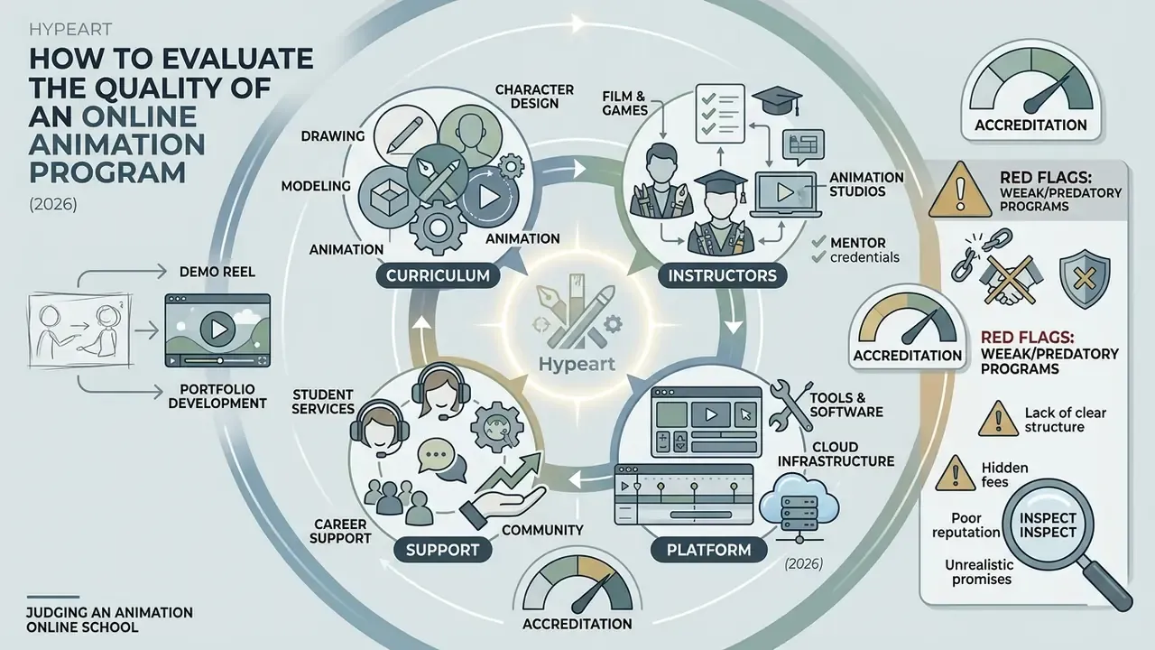 Circular infographic highlighting curriculum, mentors, platform infrastructure, and support for animation schools