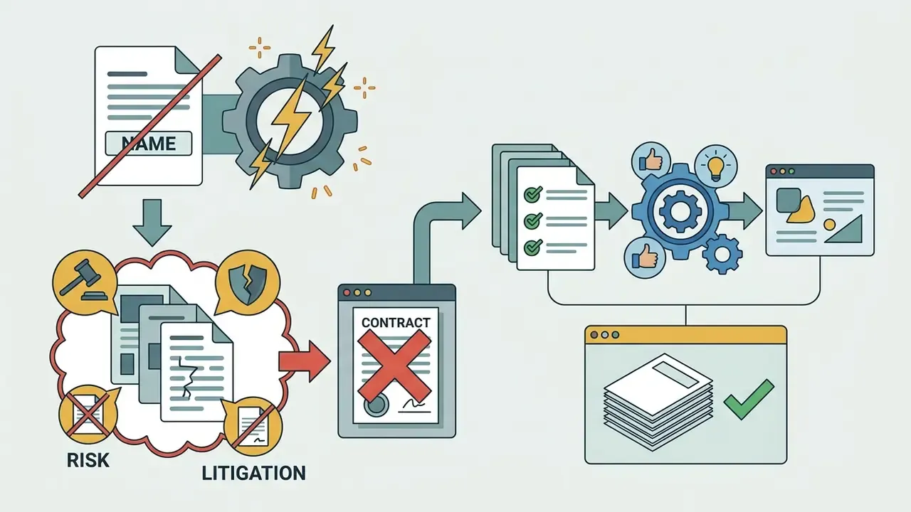 Workflow showing artist name prompts leading to legal risks and contract voids before compliant output