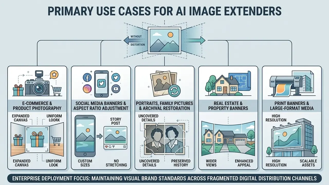 Infographic showing five categories of generative photo expansion for e-commerce, social media, and print