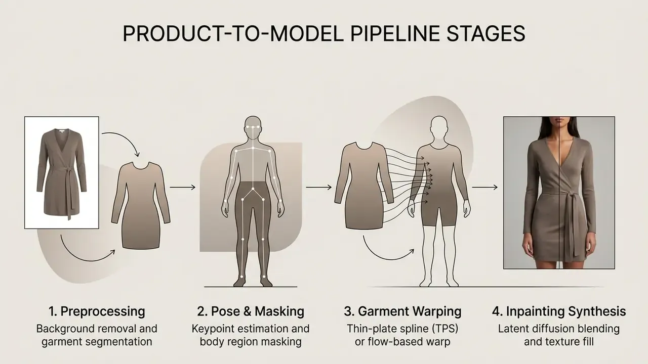 Four sequential technical stages showing garment segmentation, pose estimation, warping, and diffusion blending