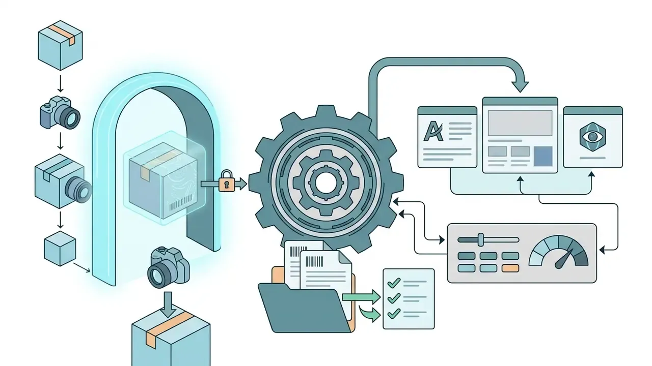 Product box passing through a scanner and gear mechanism to generate documentation and compliance reports
