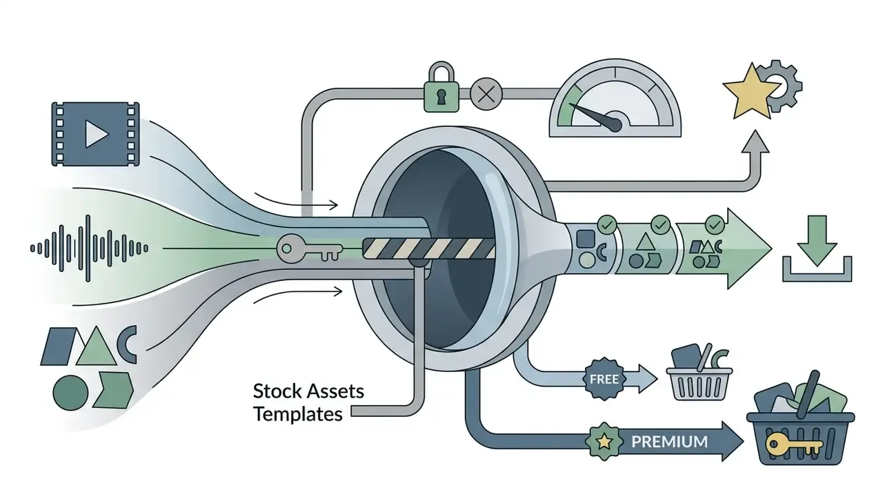 Funnel graphic showing media assets being sorted into free and premium shopping baskets