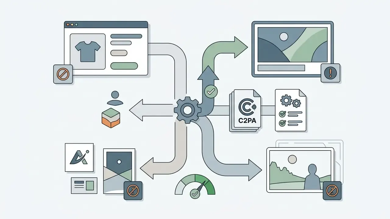 Central gear icon connecting digital assets to C2PA metadata and labeling requirements for media disclosure